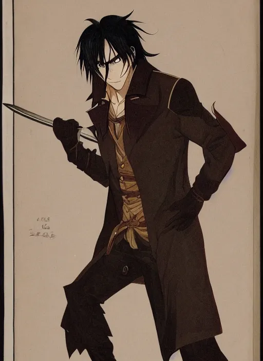 Prompt: half - body character portrait by tatsuki fujimoto of a handsome male vampire, sword holster, long black hair, light brown coat