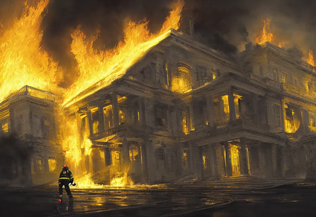 Image similar to an heroic firefighter in action in black and yellow uniform, front of the us presidential's white house, fire flames, sharp details, sharp focus, photorealistic, octane, hyper detailed, trending on deviantart, illustration, by jordan grimmer and greg rutkowski and pine ( ハイネ ), intricate