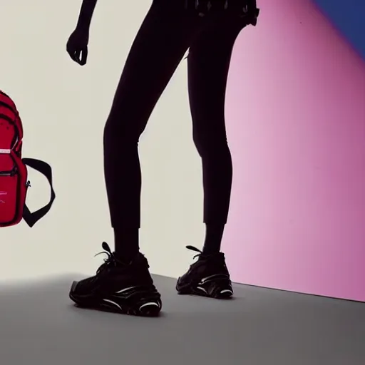 Prompt: a girl trapped under a big pile of hiking backpacks, raf simons campaign, dramatic lighting