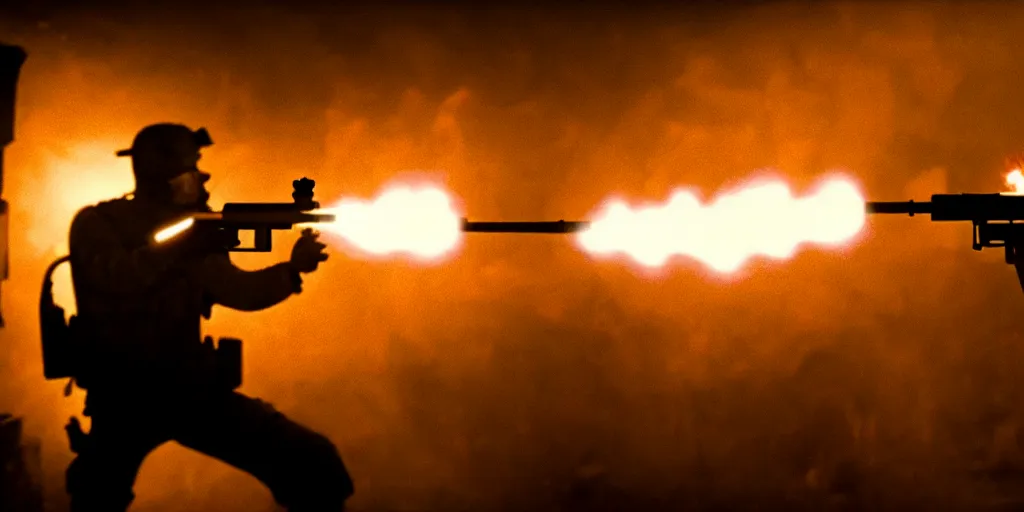 Image similar to high detail movie still of spongebob squarepants shooting an ak - 4 7 machine gun with muzzle flash, cinematic framing rule of thirds, cinematic light, hard shadows, in the style of the movie lone survivor,