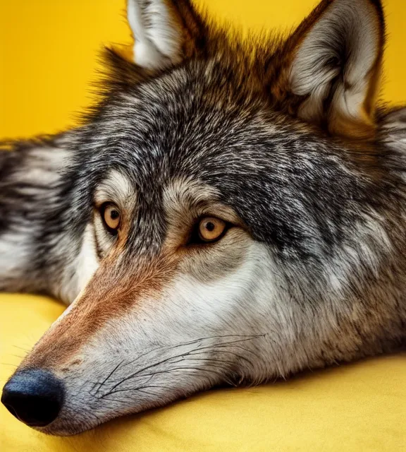 Image similar to a 4 k photorealistic photo of a wolf sitting on a bed in a yellow room