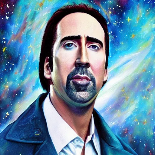 Prompt: nicholas cage amazed expression, cosmic starfield background oil painting masterwork trending on artstation