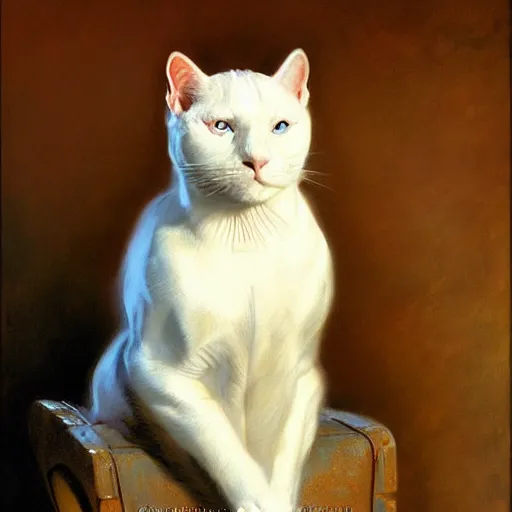 Prompt: a portrait of a manly humanoid white cat feline, blue eyes, star trek the next generation. highly detailed painting by gaston bussiere, craig mullins, j. c. leyendecker, furry