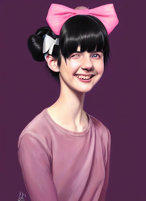 Image similar to portrait of high school girl, realistic, black hair, bangs, half updo hairstyle, pointy nose, skinny, smile, ugly, defined jawline, big chin, pink hair bow, earrings, intricate, elegant, glowing lights, highly detailed, digital painting, artstation, sharp focus, illustration, art by wlop, mars ravelo and greg rutkowski