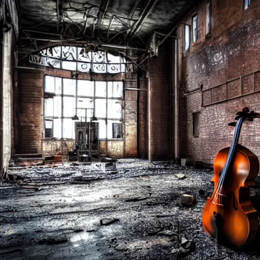 Image similar to abandoned steampunk factory with a cello, cinematic light,
