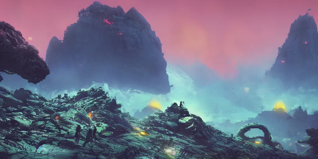 Prompt: ”rising from a round pool while being chased by tentacles, rugged alien planet with rocks, mountains in the background in a blue fog, side-view, [epic, cinematic, establishing shot, far, paul lehr, rutkowski]”