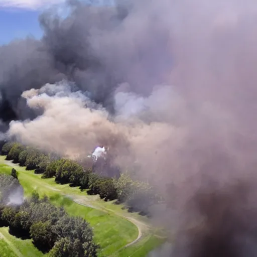 Prompt: a bunch of smoke coming from snoop doggs concert, award winning professional aerial photograph