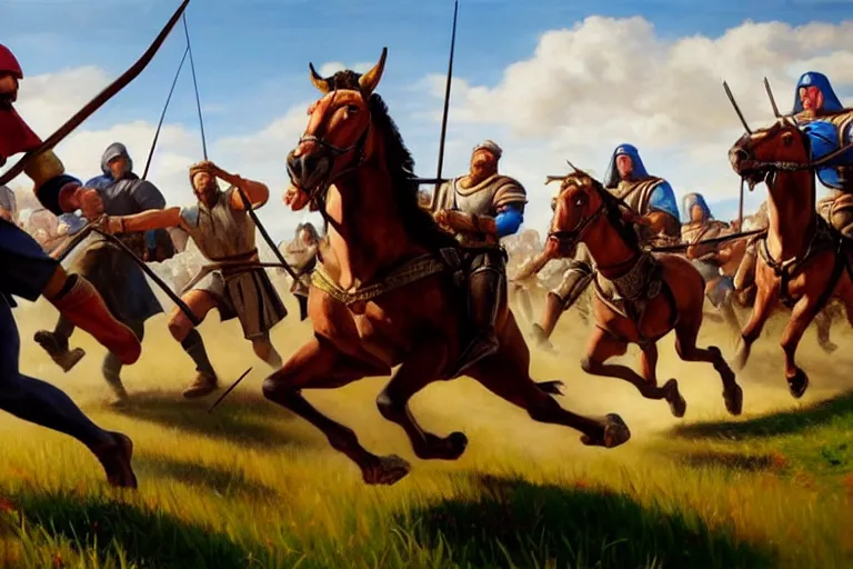 Image similar to ( ( a beautiful 8 k photorealistic masterpiece oil painting ) ( of ( man running for his life in the age of empires 2 game ) ( knights and archers try to kill him ) ) ( hyperrealism ) ( 1 6 k ) ( trending on artstation )