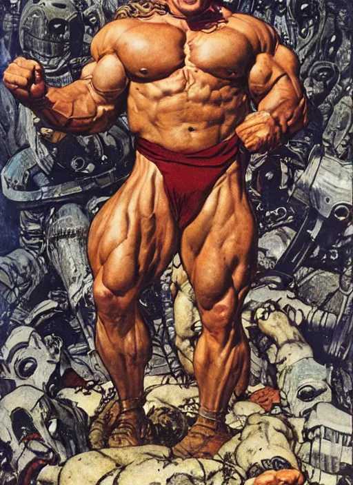 Image similar to portrait of muscular morgan aste as marvel's the thing, dynamic, by norman rockwell and lawrence alma tadema and jack kirby and greg staples and nc wyeth and tom lovell