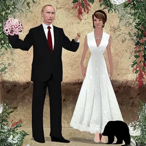 Prompt: Putin in a wedding dress marrying a bear, highly detailed