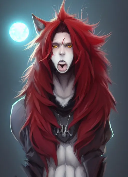 Image similar to character concept art of a black anthropomorphic furry male wolf long red hair | | cute - fine - face, pretty face, key visual, realistic shaded perfect face, fine details by stanley artgerm lau, wlop, rossdraws, james jean, andrei riabovitchev, marc simonetti, and sakimichan, trending on artstation