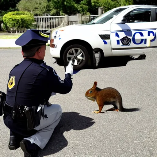 Image similar to a dog-cop ticketing a squirrel with a fine for speeding