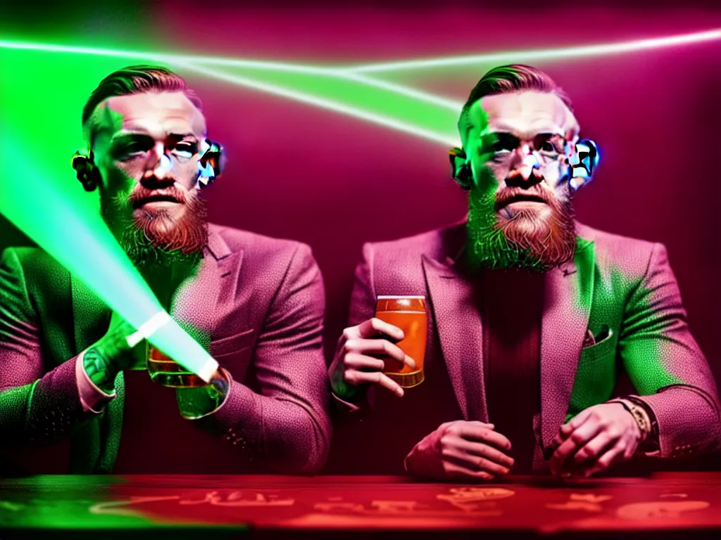 Image similar to a well framed portrait of conor mcgregor drinking a beer in an irish pub with a neon bar, laser show with blue cloud patterns, trending on art station, in the style of the movie heat with al pacino, volumetric lighting & shadows, digital art, unreal engine, 4 0 0 mm f 1. 2,