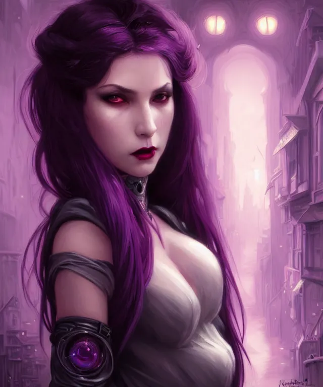 Image similar to Beautiful female vampire mother and daughter, eastern european origin, sci-fi, pink eyes, face, black and purple hair, fantasy, intricate, elegant, new york alleyway, moonlit, highly detailed, digital painting, artstation, concept art, smooth, sharp focus, illustration, art by artgerm and greg rutkowski and alphonse mucha