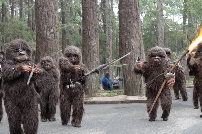 Image similar to ewoks rioting in front of a government building!!!, flaming torches and pitchforks