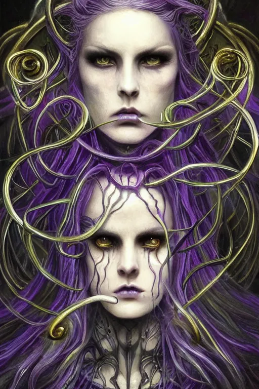 Image similar to Elden Ring themed painting of majestic chromatic purple-eyed girl with thin purple tentacles on her head beautiful ethereal angel symmetrical neutral black metal closeup face tattoo pattern golden ratio concept, Neo-Gothic concept, infinity glyph waves, intricate artwork masterpiece, very coherent artwork, cinematic, full frontal facial features by Artgerm, art by H.R. Giger, Joseph Michael Linsner, Zdizslaw Beksinski, Johnatan Wayshak, Moebius, Ayami Kojima, very anatomically coherent artwork, trending on cgsociety, ultra high quality model, production quality cinema model, high detail chromatic ink outline, octane render, unreal engine 8k, hyper realism, high detail, octane render, unreal engine, 8k, High contrast