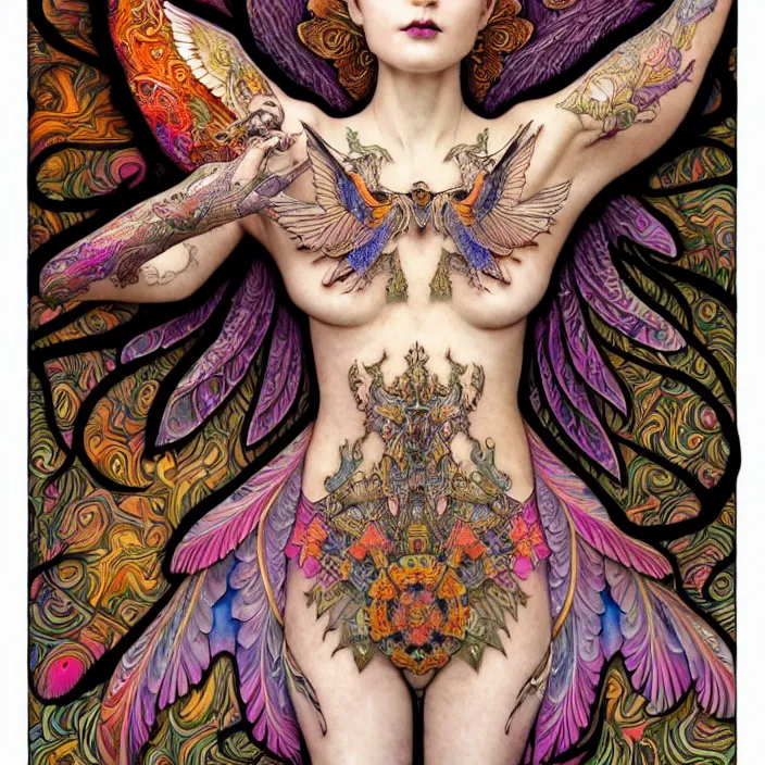 Image similar to extremely psychedelic tattoo design made of wings and mushrooms, LSD tattoo design, diffuse lighting, fantasy, intricate, elegant, highly detailed, lifelike, photorealistic, digital painting, artstation, illustration, concept art, smooth, sharp focus, art by John Collier and Albert Aublet and Krenz Cushart and Artem Demura and Alphonse Mucha