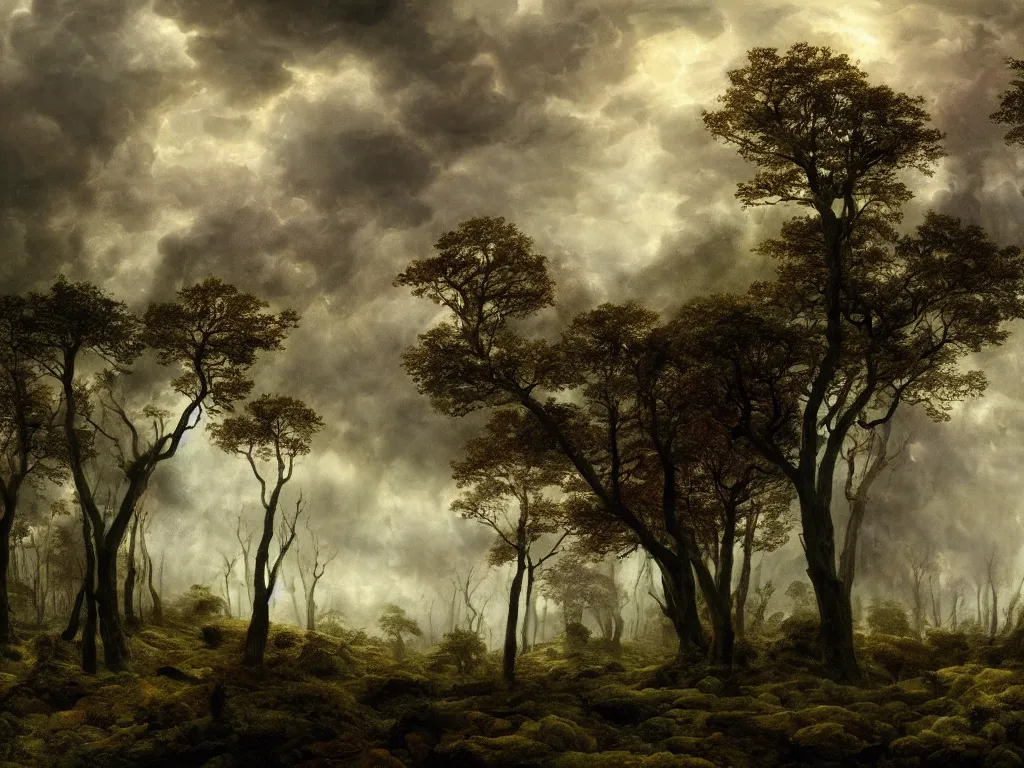 Prompt: detailed landscape, forests. very detailed dark super storm, hyper realistic clouds, impressive, magical, very atmospheric, smoke boiling, cinematic, deep, very high complexity, stunning, masterpiece, chiaroscuro, in the style of caspar david friedrich and laura den hertog and michael creese, very detailed. 4 k