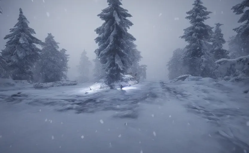 Image similar to winterfall in the snowstorm, doomy, Unreal Engine, cinematic photography, highly-detailed, games of thrones, HBO, high resolution, 8k, photorealistic, stunning volumetric lighting