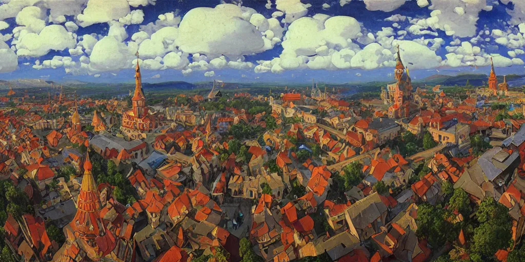 Image similar to photo beautiful magical ancient Slavic Russian city of Kitezh, fisheye lens, painting by Viktor Vasnetsov, concept art, magical city, fantasy cityscape, ancient Slavs, wooden buildings, ancient Russian architecture, terem, hyperborea, top cinematic lighting , cinematic mood, very detailed, 8k, painting by Nicholas Roerich, high resolution, trending on artstation, artstationHD,