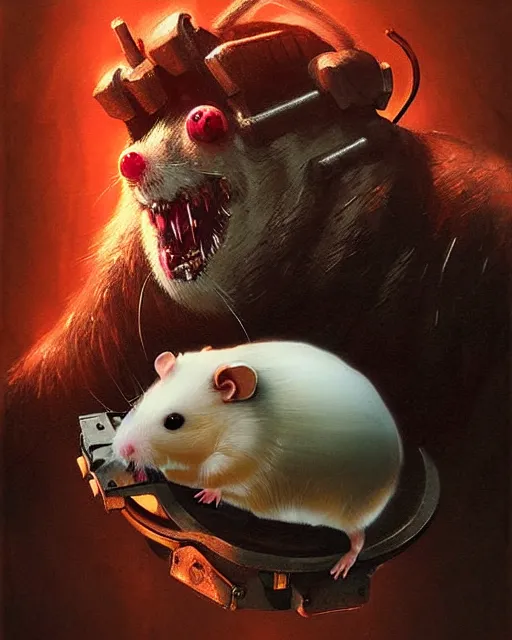 Image similar to wrecking ball the hamster from overwatch, with an evil and crazy look inn her eyes, character portrait, portrait, close up, concept art, intricate details, highly detailed, horror poster, horror, vintage horror art, realistic, terrifying, in the style of michael whelan, beksinski, and gustave dore