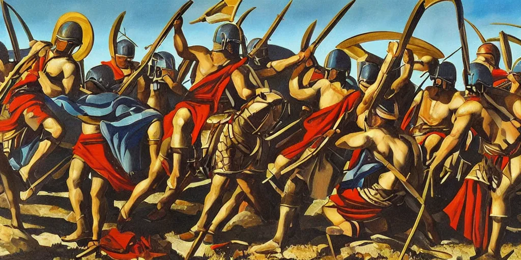 Image similar to italian futurism style painting of greek hoplites at war