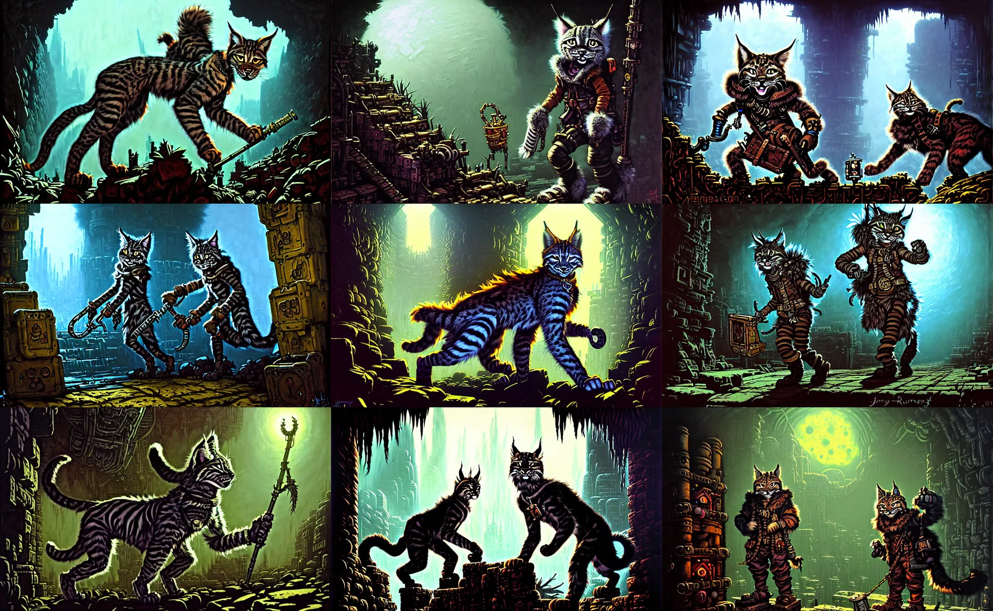 Prompt: robotic anthro lynx fursona adventurer with fluffy fur and big floofy feet is hunting for treasures in the grimdarkest dungeon depths, enchanted magical fantasy cyberpunk. oil painting, by james gurney, dan mumford, wayne reynolds, ron spencer, gustave dore