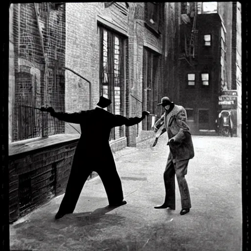 Image similar to old black and white photo, 1 9 2 5, depicting batman fighting a al capone in an alley of new york city, rule of thirds, historical record