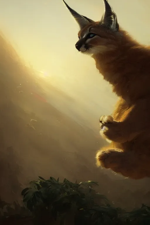 Image similar to cute fluffy caracal flying up on the victorian city, extremely detailed digital painting, in the style of fenghua zhong and ruan jia and jeremy lipking and peter mohrbacher, mystical colors, rim light, beautiful lighting, 8 k, stunning scene, raytracing, octane, trending on artstation