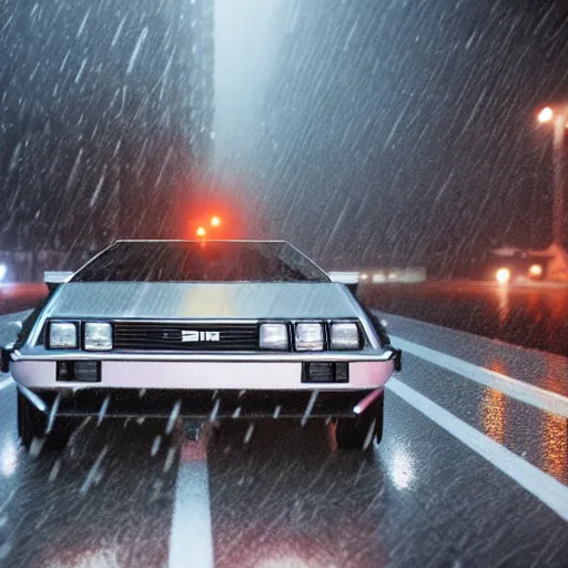 Image similar to hyperdetailed, photorealistic photograph of a dmc 1 2 delorean driving in the streets, rain, night, dense fog, hd, unreal engine 5