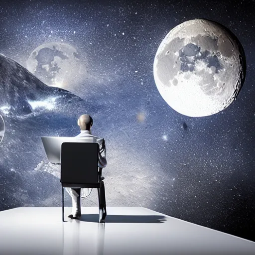 Image similar to 3 d, ultra realism, pencil art, extra detail, back of a man sitting on his chair with a desk and his futuristic laptop, on the moon, with the universe in the background