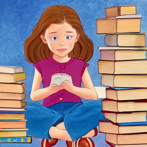 Prompt: a little girl with short wavy brown hair and blue eyes sits cross legged on top of a pile of books reading a book in a still from a disney movie. beautiful disney cartoon character art, high quality, detailed face