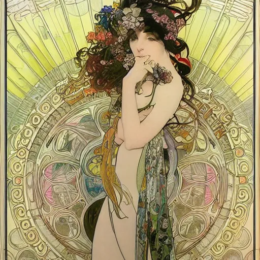 Prompt: artwork by yoshitaka amano and alphonse mucha