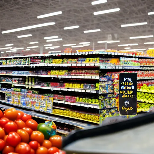 Image similar to Walmart Grocery Store Inside, Cam view, star wars ground battle in the store, using tomatoes, banana as weapons, 40nm lens, shallow depth of field, split lighting, 4k,