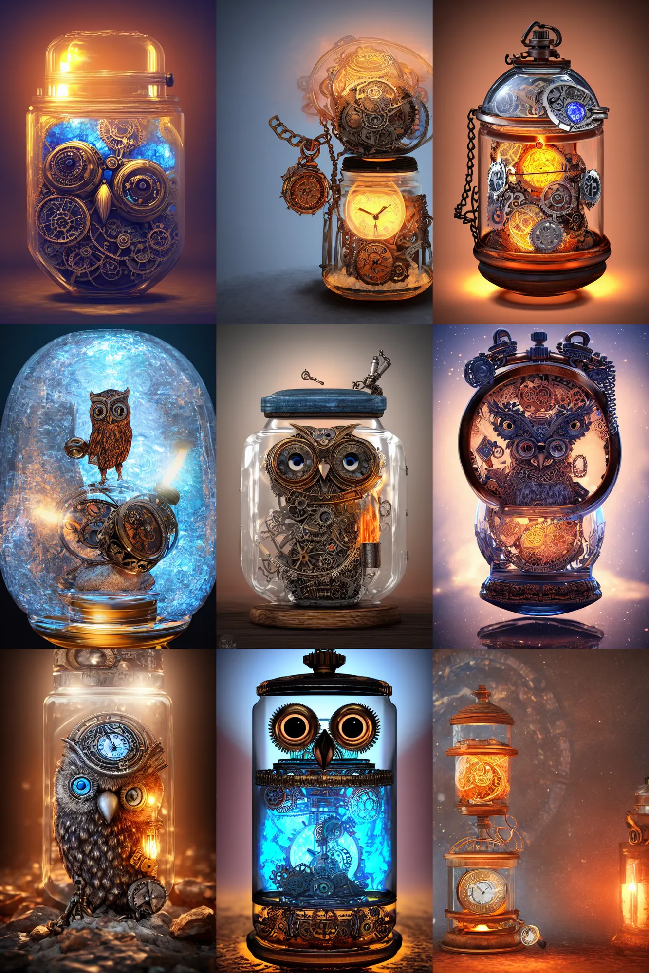 Prompt: steampunk aztec owl pocketwatch inside a glass jar, himalayan rocksalt lamp, intricate detail, volumetric lighting, epic composition, hyper detailed, ultra realistic, sharp focus, octane render, volumetric, ray tracing, sense of awe, swirling mist, blue moon