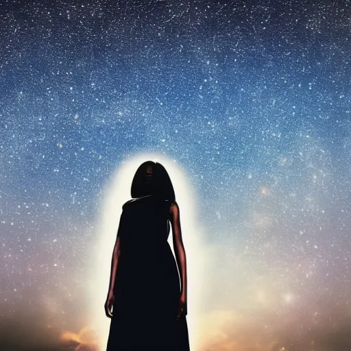 Prompt: a shoulder photo of a 2 0 years old black woman with completly long straight white brilliant hair, magical shiny white princess dress with bare shoulders, eyes closed, small waning crescent moon that shines. magic dark blue galaxy background lots of stars