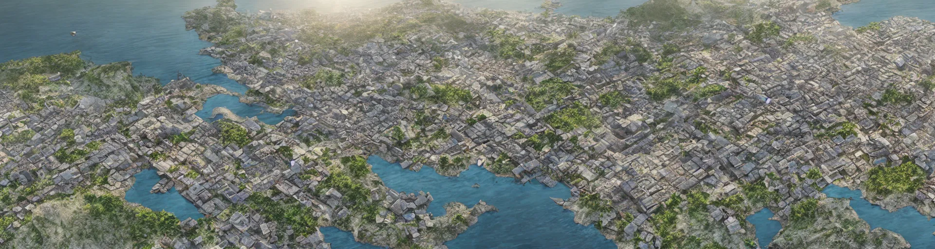 Image similar to photo realistic landscape of medieval japan port town, aerial photography, exquisite detail, octane render, 8 k postprocessing,