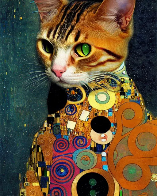 Image similar to doctor cat portrait an oil painting splashes with many colors and shapes by gustav klimt greg rutkowski and alphonse mucha, polycount, generative art, psychedelic, fractalism, glitch art
