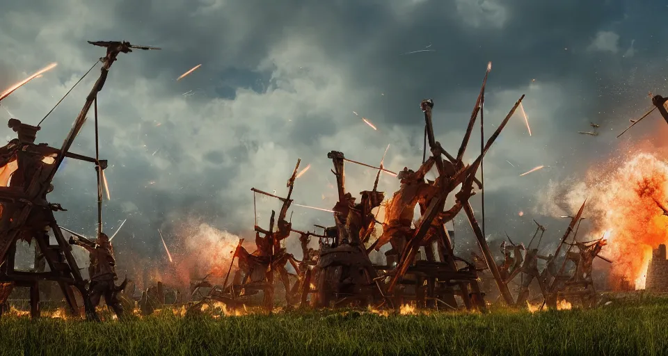 Image similar to five giant and powerful medieval trebuchets in the front, fireing on a medieval fortress far away, destroying the walls, fire and explosion, debris flying around, octane render, unreal engine