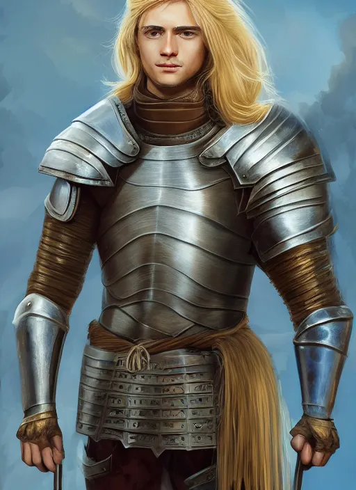 Image similar to oilpainting of a handsome young knight with a beautiful face and clear skin, long blond hair, knight armor, no helmet, medieval art, high resolution, clear image, digital art, studio photo, 4 k, clear lines, artstation