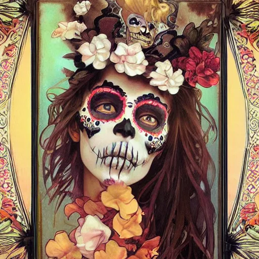 Prompt: realistic detailed painting of a cute punk Día de los Muertos girl by Mario Testino Alphonse Mucha Ayami Kojima Amano Charlie Bowater, masterpiece