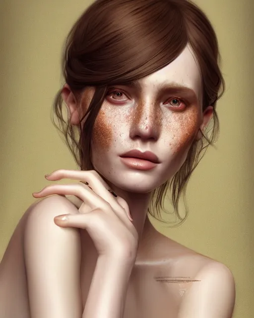 Image similar to beautiful digital painting of a stylish swedish socialite forest with high detail, real life skin, freckles, 8 k, stunning detail, works by artgerm, greg rutkowski and alphonse mucha, unreal engine 5, 4 k uhd