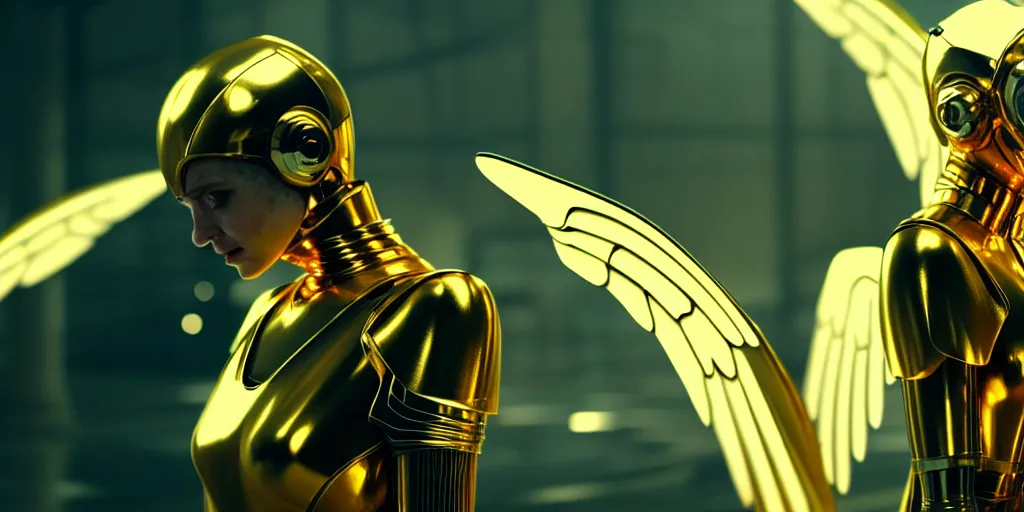 Prompt: film still of a mechanical angel with very reflective shiny golden chromium alloy in a marvel movie, science fiction industrial hard science concept art, 8K render octane high definition cgsociety, photorealistic, unreal engine 5