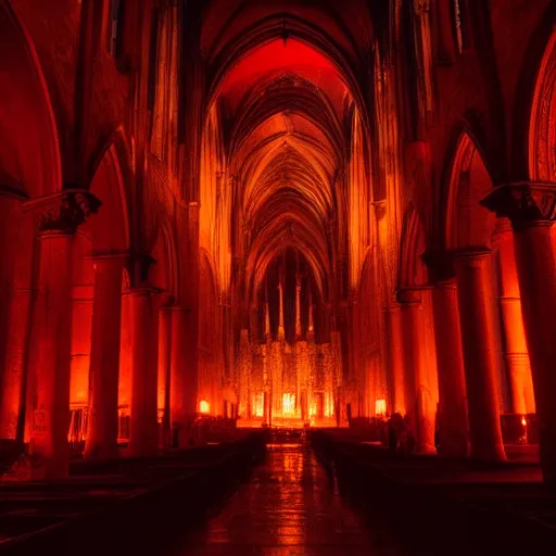 Image similar to A dark cathedral made up of red sandstone lit up by a torches. In the middle of the cathedral is a bonfire surrounded by cultists in red hoods. Their backs facing towards the camera.