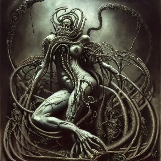 Prompt: biomechanical medusa by gustave dore and gustave moreau and beksinski and giger and craig mullins and jeremy mann and dave mckean