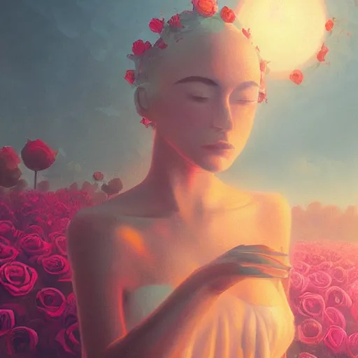 Prompt: closeup, huge rose flower head, frontal, a girl in suit, surreal photography, sunrise, dramatic light, impressionist painting, digital painting, artstation, simon stalenhag