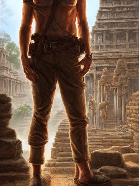 Prompt: indiana jones standing in front of an ancient temple, digital painting, extremely detailed, 4 k, intricate, artgerm, by stanley lau