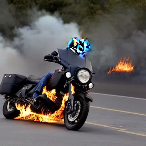 Image similar to Donald Trump on a motorcycle with fire coming out of the exhaust, without him wearing a helmet, leather jacket, cinematic lighting