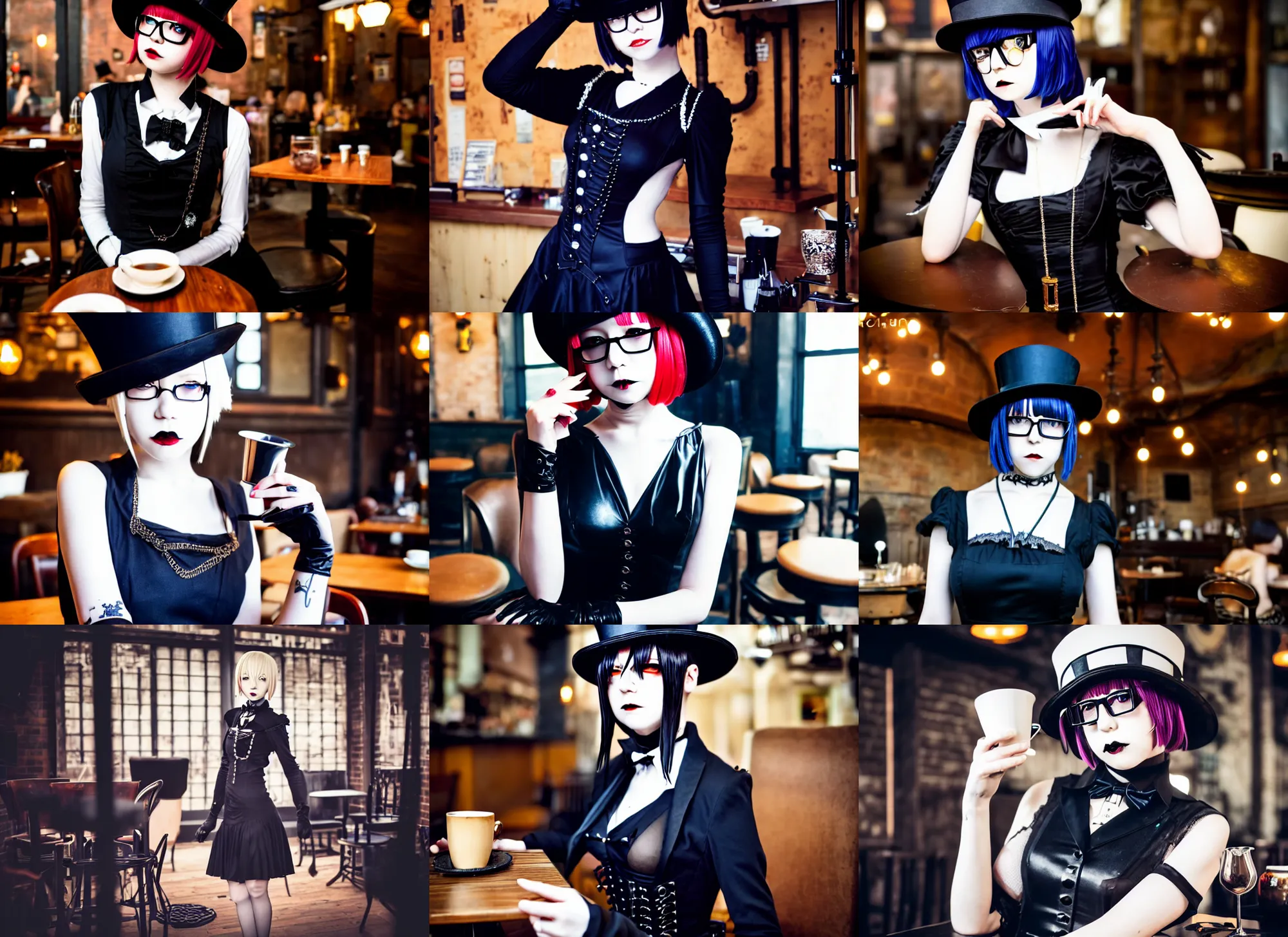 Prompt: full body photo of reol wearing a elegant gothic dress, open top, wearing a tophat, and glasses. drinking coffee in a busy steampunk cafe interior, dim studio lighting, natural skintone, ( ( photograph ) ), moody, realistic, detailed, dark blue tint, shadows