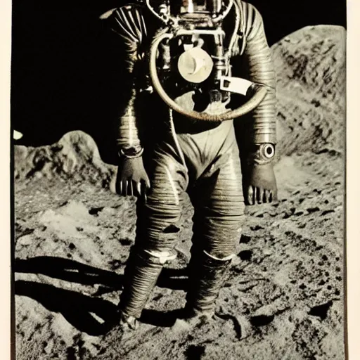 Image similar to detailed photo of a diver wearing an early diving suit. the diver is holding an electric guitar on the moon. old diving suit pictures. old diving suit. early diving suit. old diving suit photos. detailed